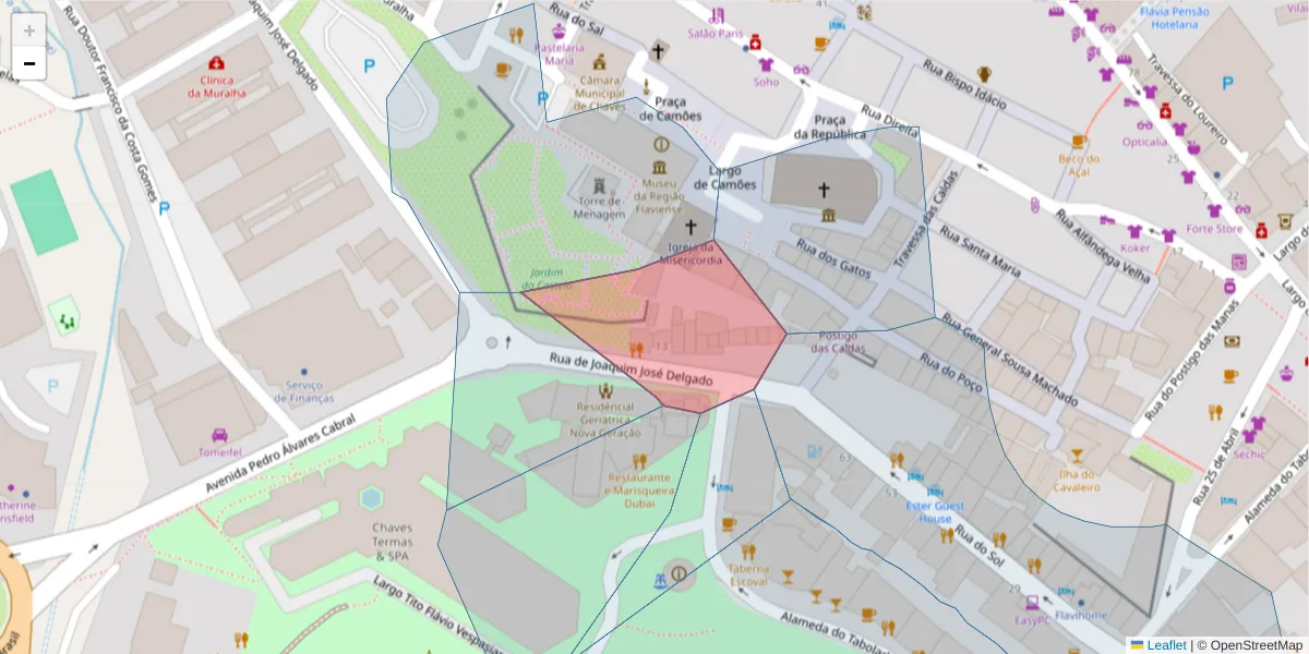 Mapa detalhado do código postal 5400-332 com limites, códigos postais vizinhos e agências dos correios