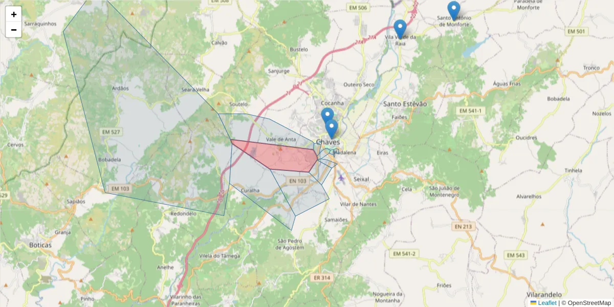 Mapa detalhado do código postal 5400-437 com limites, códigos postais vizinhos e agências dos correios