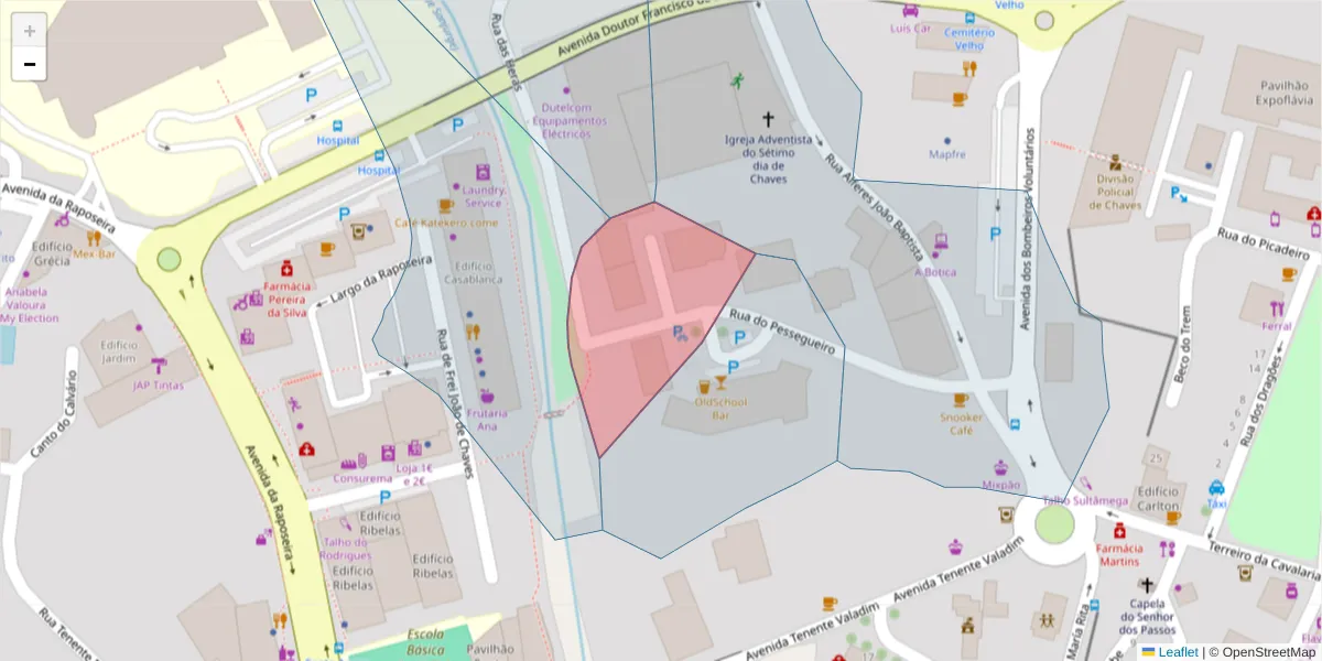 Mapa detalhado do código postal 5400-445 com limites, códigos postais vizinhos e agências dos correios