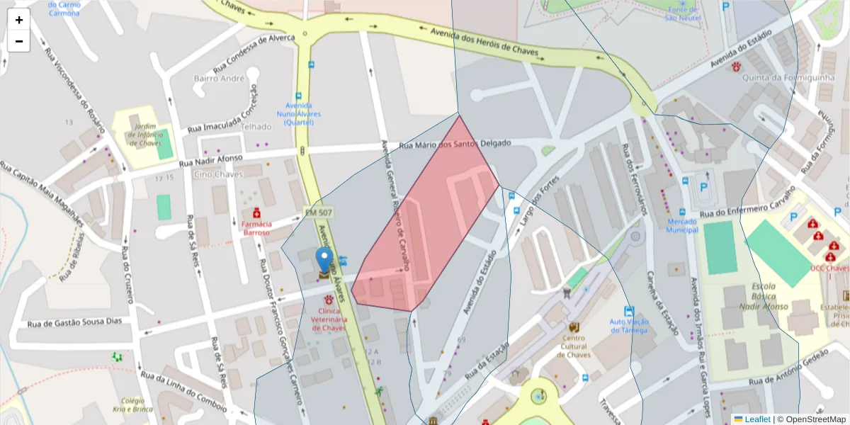 Mapa detalhado do código postal 5400-496 com limites, códigos postais vizinhos e agências dos correios