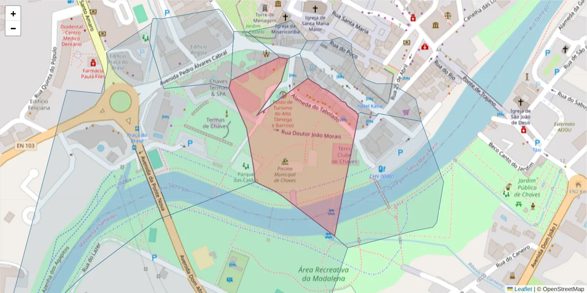 Mapa detalhado do código postal 5400-523 com limites, códigos postais vizinhos e agências dos correios