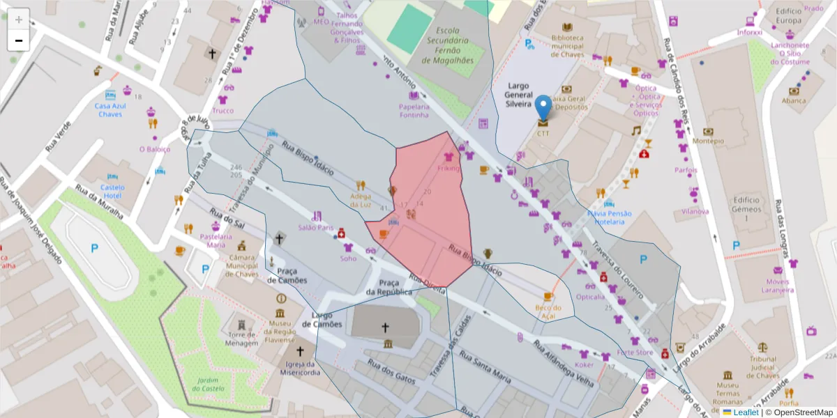 Mapa detalhado do código postal 5400-554 com limites, códigos postais vizinhos e agências dos correios