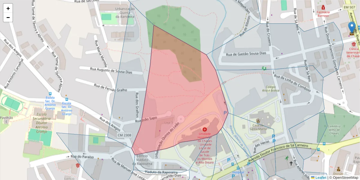 Mapa detalhado do código postal 5400-573 com limites, códigos postais vizinhos e agências dos correios