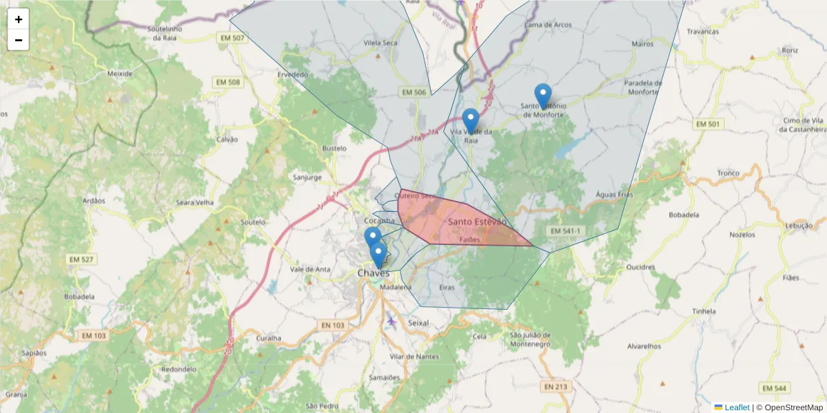 Mapa detalhado do código postal 5400-592 com limites, códigos postais vizinhos e agências dos correios