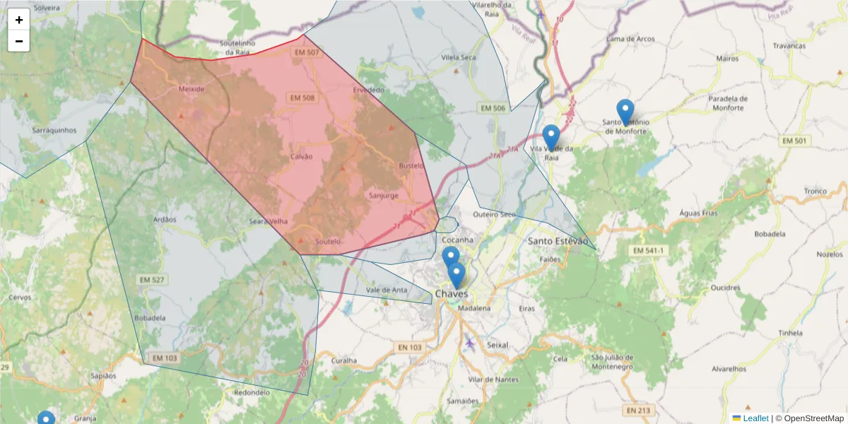 Mapa detalhado do código postal 5400-672 com limites, códigos postais vizinhos e agências dos correios