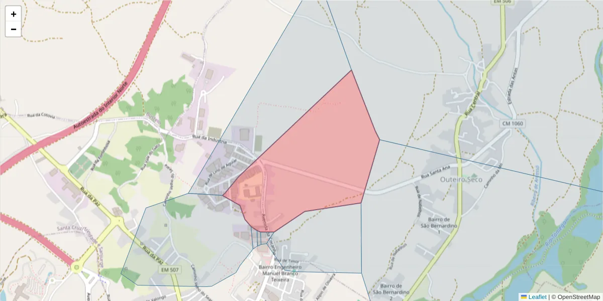 Mapa detalhado do código postal 5400-674 com limites, códigos postais vizinhos e agências dos correios