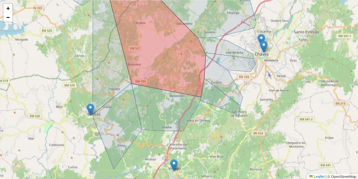 Mapa detalhado do código postal 5400-727 com limites, códigos postais vizinhos e agências dos correios