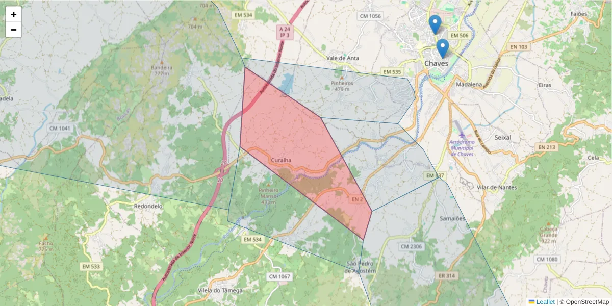 Mapa detalhado do código postal 5400-764 com limites, códigos postais vizinhos e agências dos correios