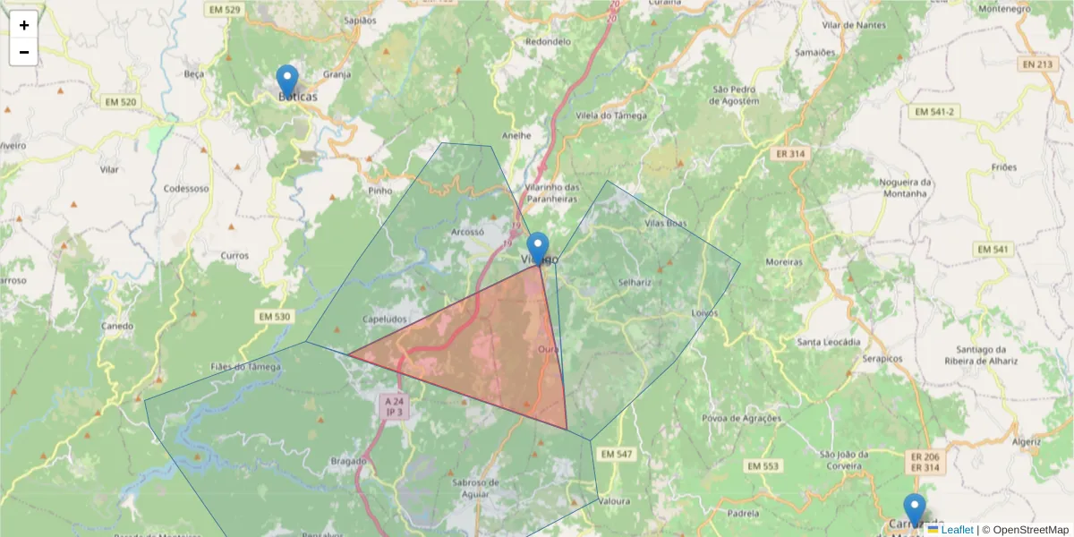 Mapa detalhado do código postal 5425-322 com limites, códigos postais vizinhos e agências dos correios
