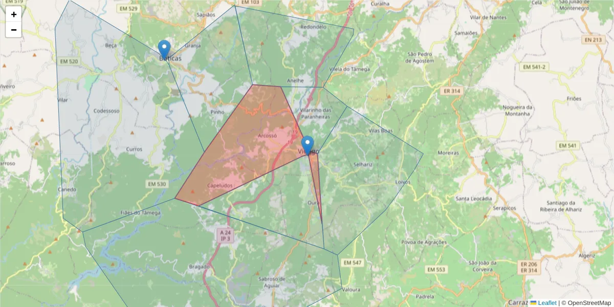 Mapa detalhado do código postal 5425-323 com limites, códigos postais vizinhos e agências dos correios