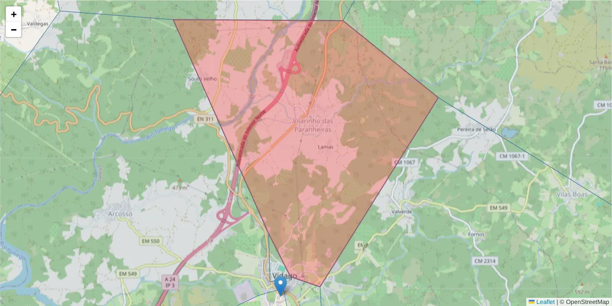 Mapa detalhado do código postal 5425-355 com limites, códigos postais vizinhos e agências dos correios