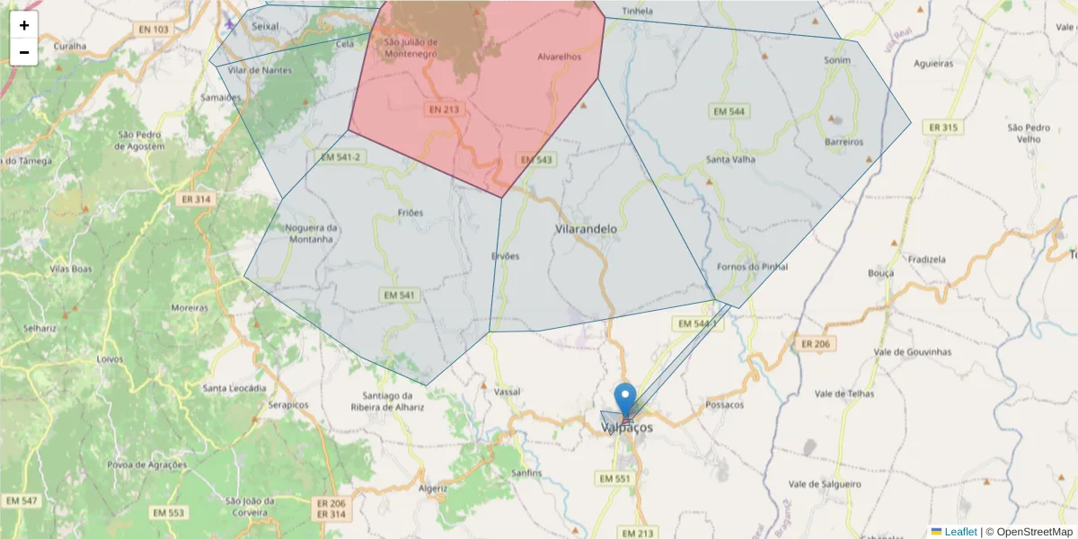 Mapa detalhado do código postal 5430-000 com limites, códigos postais vizinhos e agências dos correios