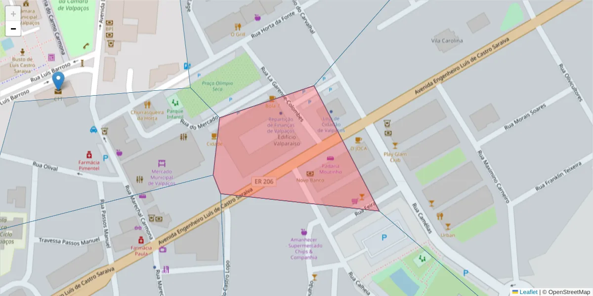 Mapa detalhado do código postal 5430-019 com limites, códigos postais vizinhos e agências dos correios