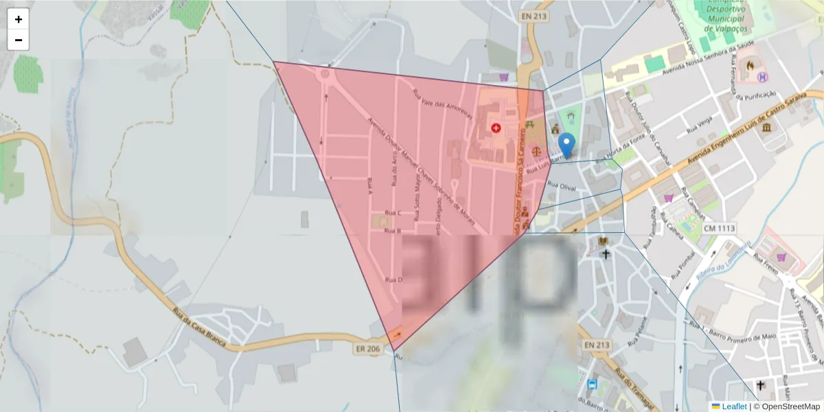Mapa detalhado do código postal 5430-423 com limites, códigos postais vizinhos e agências dos correios