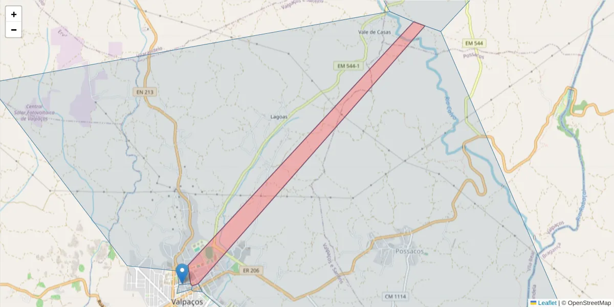 Mapa detalhado do código postal 5430-452 com limites, códigos postais vizinhos e agências dos correios