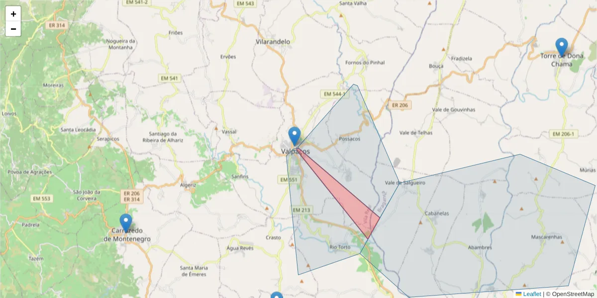 Mapa detalhado do código postal 5430-465 com limites, códigos postais vizinhos e agências dos correios