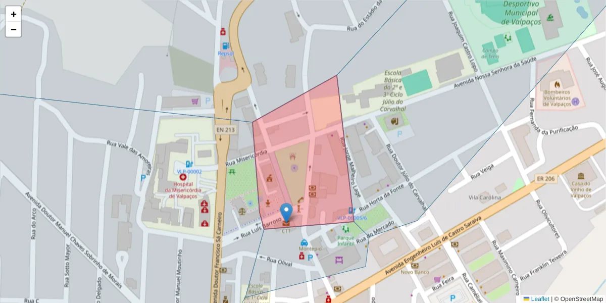 Mapa detalhado do código postal 5430-468 com limites, códigos postais vizinhos e agências dos correios