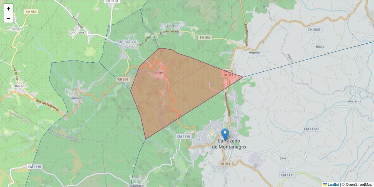 Mapa detalhado do código postal 5445-086 com limites, códigos postais vizinhos e agências dos correios