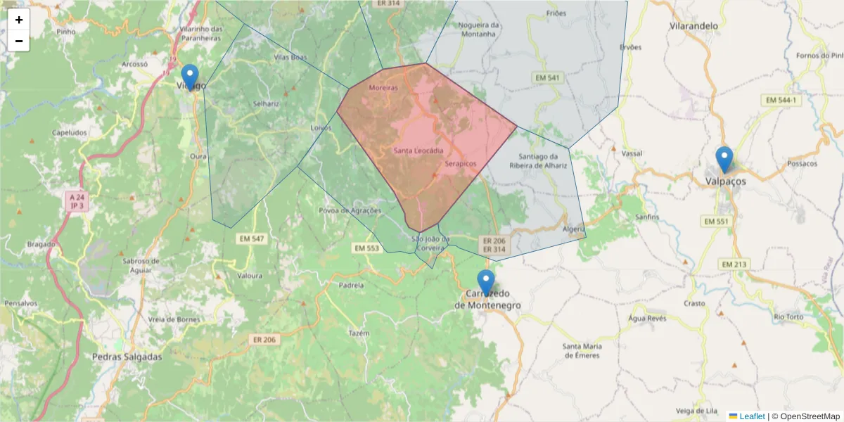 Mapa detalhado do código postal 5445-087 com limites, códigos postais vizinhos e agências dos correios