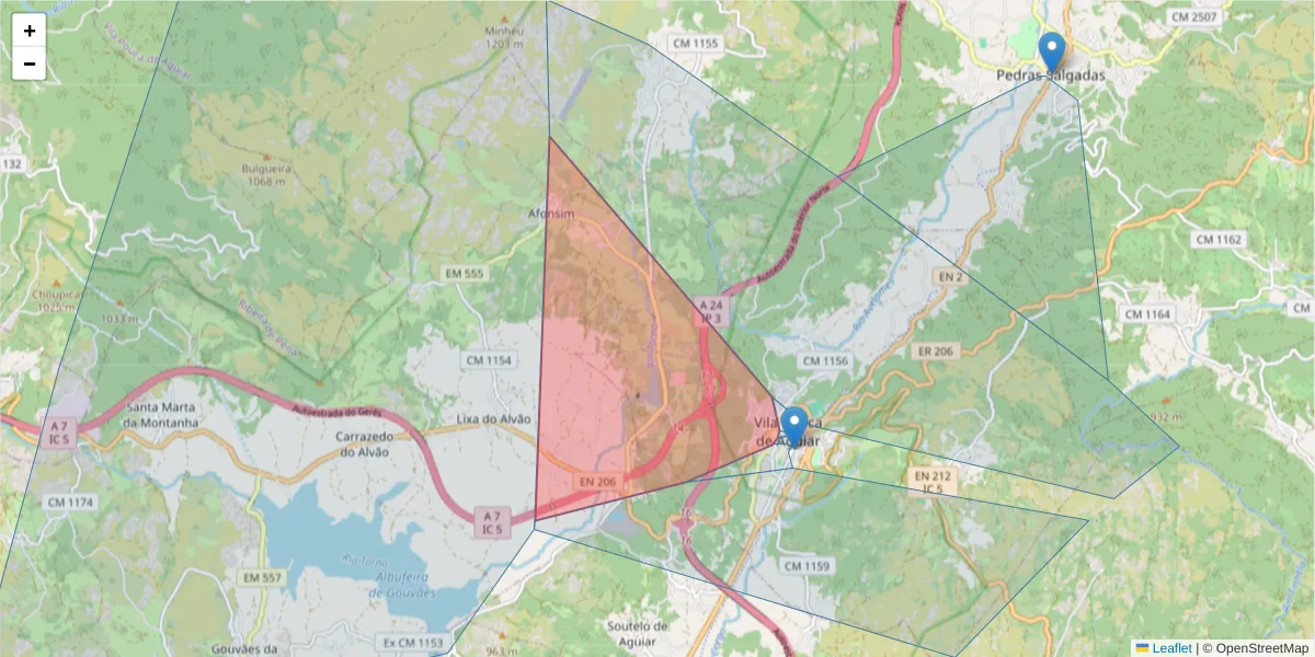Mapa detalhado do código postal 5450-002 com limites, códigos postais vizinhos e agências dos correios
