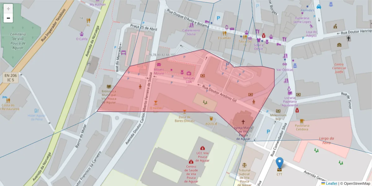 Mapa detalhado do código postal 5450-017 com limites, códigos postais vizinhos e agências dos correios