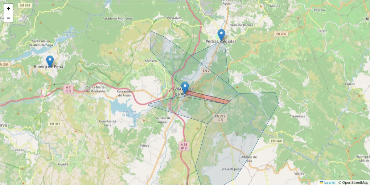 Mapa detalhado do código postal 5450-020 com limites, códigos postais vizinhos e agências dos correios