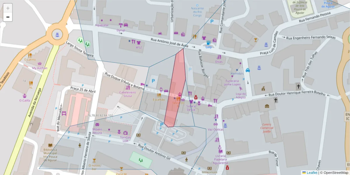 Mapa detalhado do código postal 5450-025 com limites, códigos postais vizinhos e agências dos correios