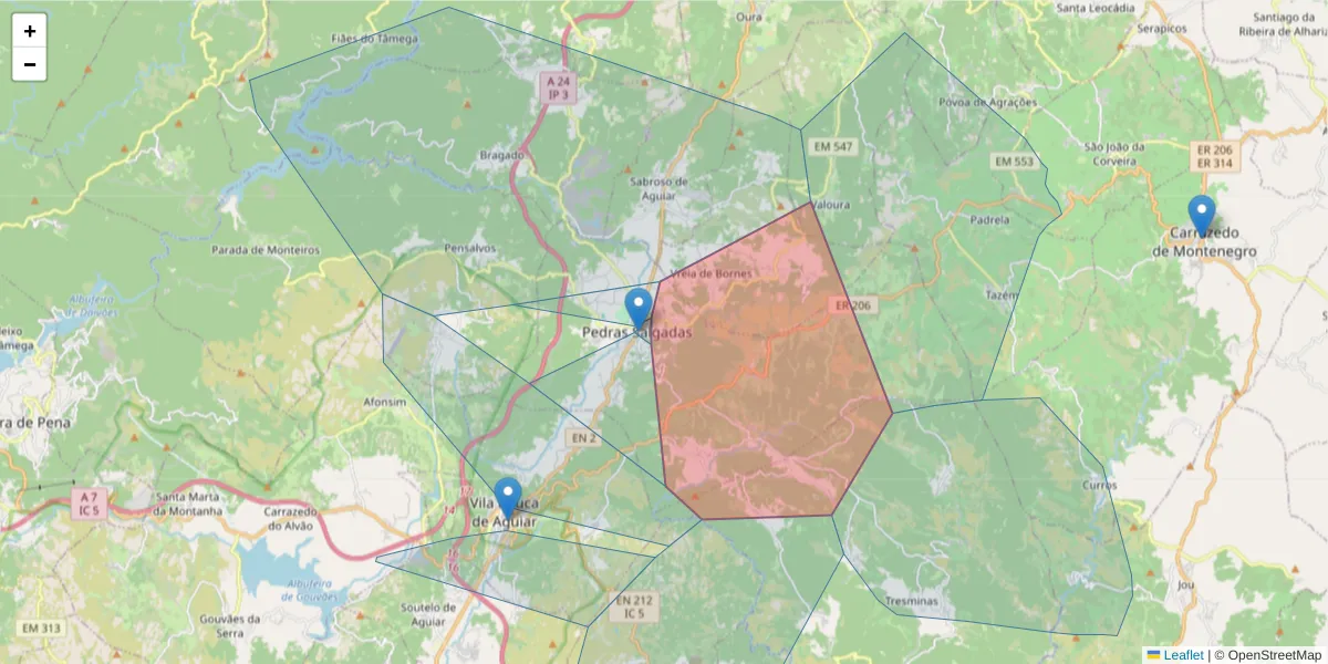 Mapa detalhado do código postal 5450-130 com limites, códigos postais vizinhos e agências dos correios