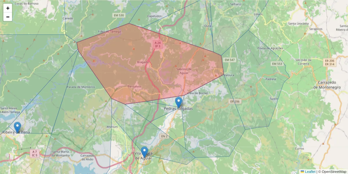 Mapa detalhado do código postal 5450-145 com limites, códigos postais vizinhos e agências dos correios