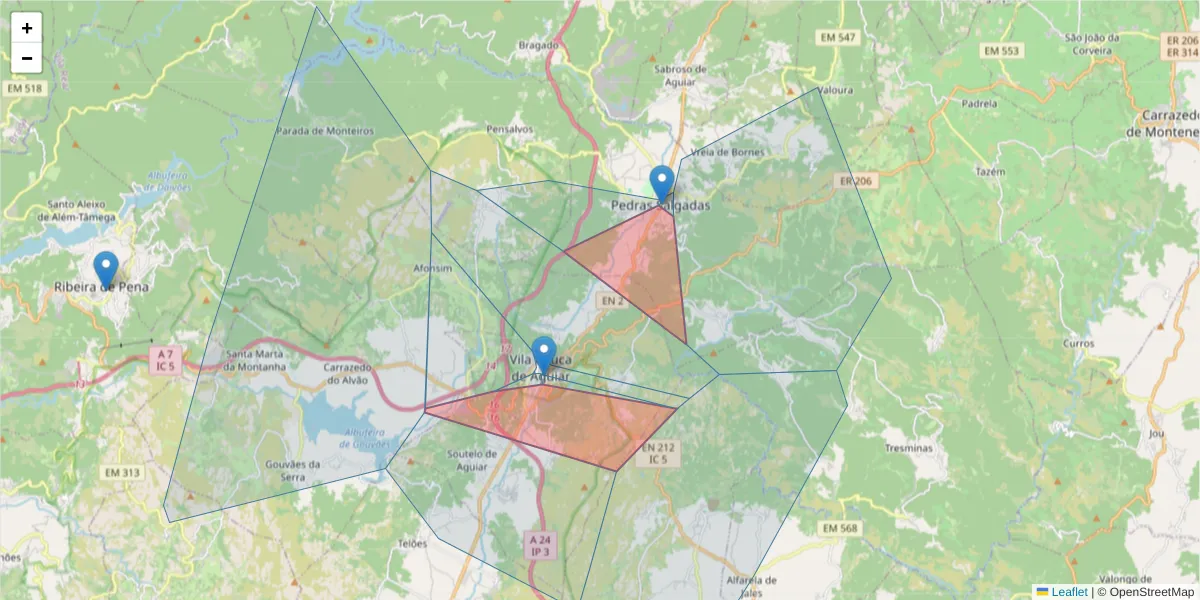 Mapa detalhado do código postal 5450 com limites, códigos postais vizinhos e agências dos correios