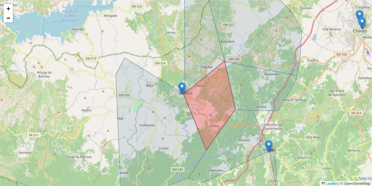Mapa detalhado do código postal 5460-301 com limites, códigos postais vizinhos e agências dos correios