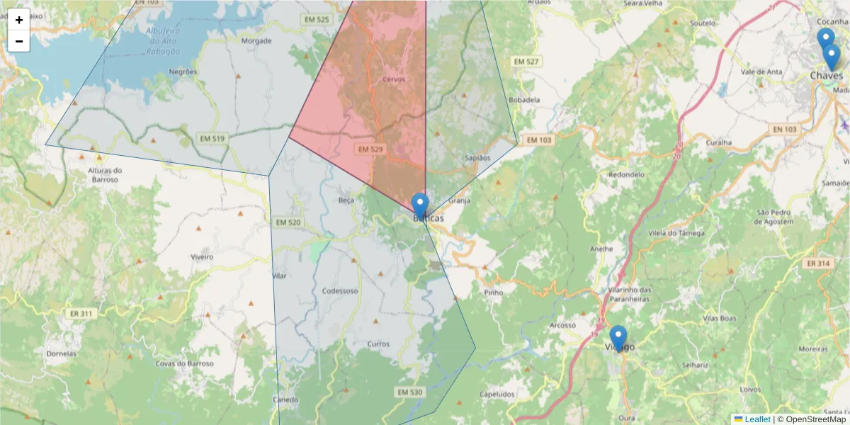 Mapa detalhado do código postal 5460-303 com limites, códigos postais vizinhos e agências dos correios