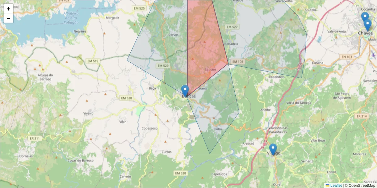 Mapa detalhado do código postal 5460-311 com limites, códigos postais vizinhos e agências dos correios
