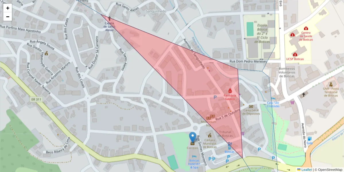 Mapa detalhado do código postal 5460-330 com limites, códigos postais vizinhos e agências dos correios