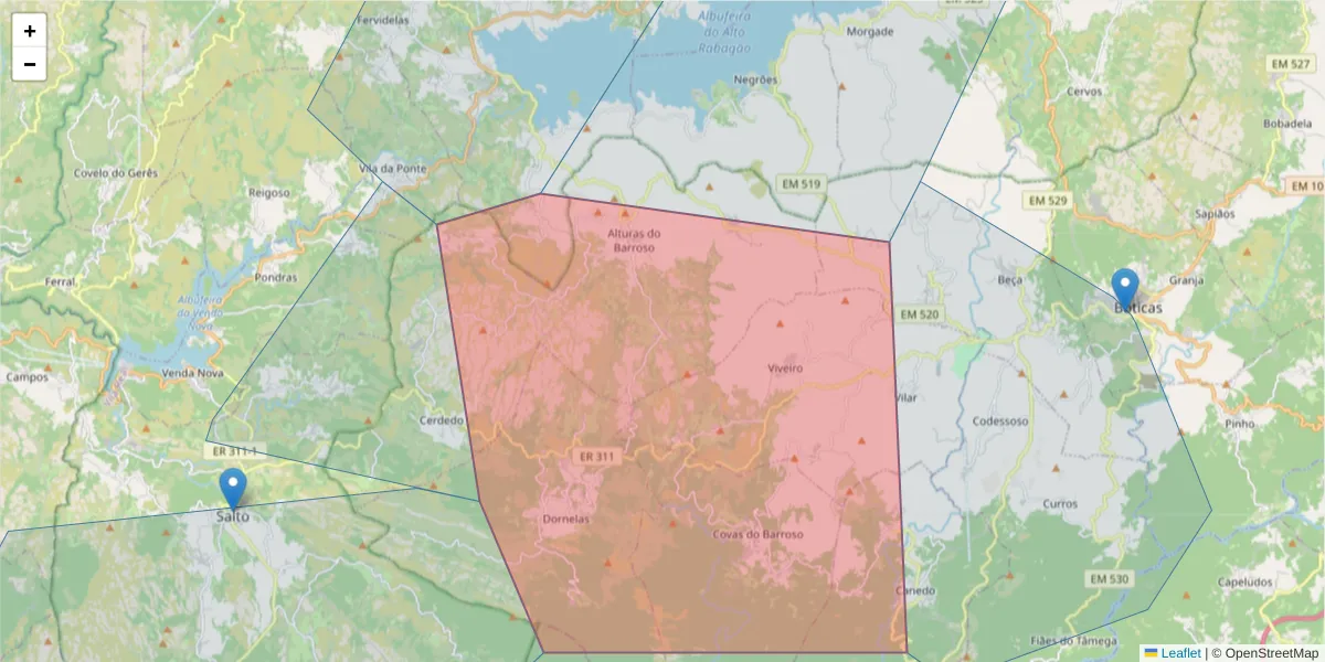 Mapa detalhado do código postal 5460 Boticas com limites, códigos postais vizinhos e agências dos correios