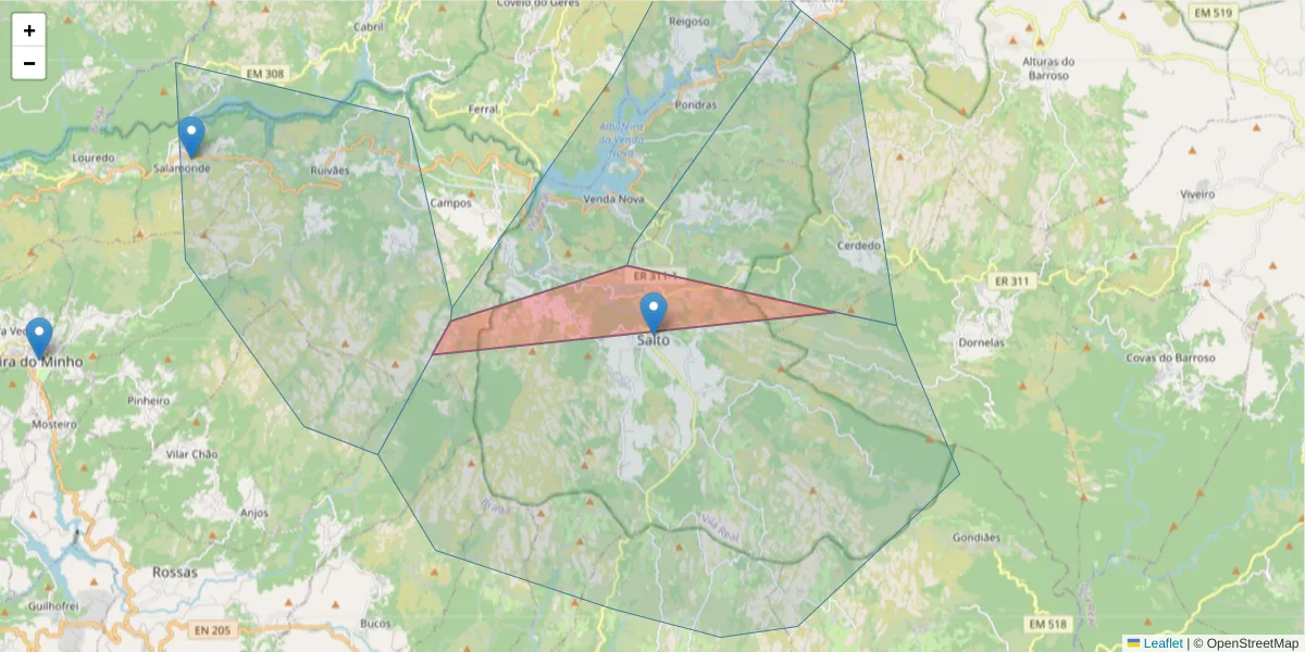 Mapa detalhado do código postal 5470-430 Salto com limites, códigos postais vizinhos e agências dos correios