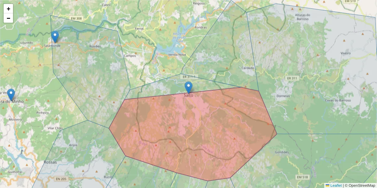 Mapa detalhado do código postal 5470-430 com limites, códigos postais vizinhos e agências dos correios
