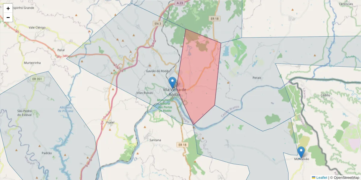 Mapa detalhado do código postal 6030-223 com limites, códigos postais vizinhos e agências dos correios