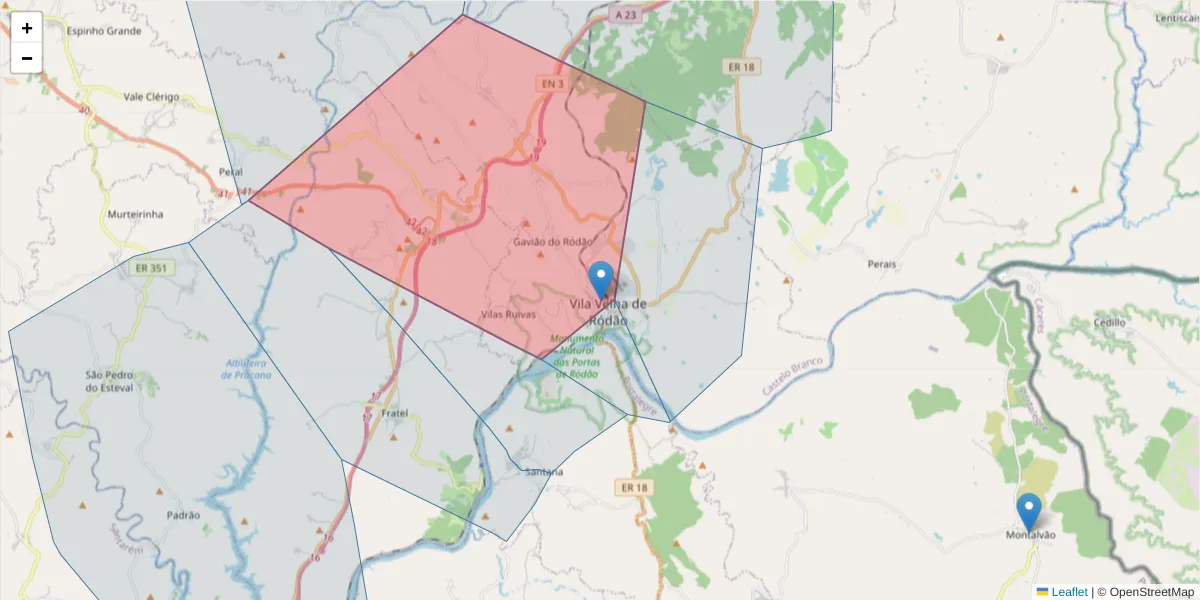 Mapa detalhado do código postal 6030-230 com limites, códigos postais vizinhos e agências dos correios