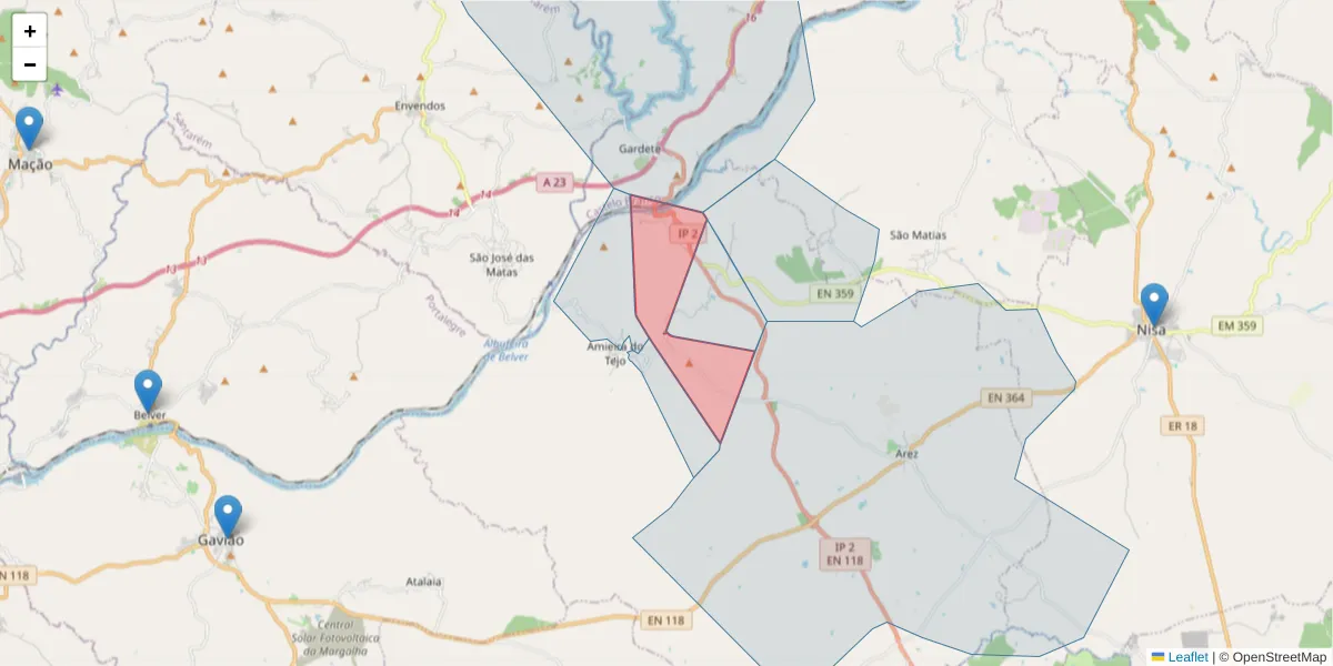 Mapa detalhado do código postal 6050-145 com limites, códigos postais vizinhos e agências dos correios