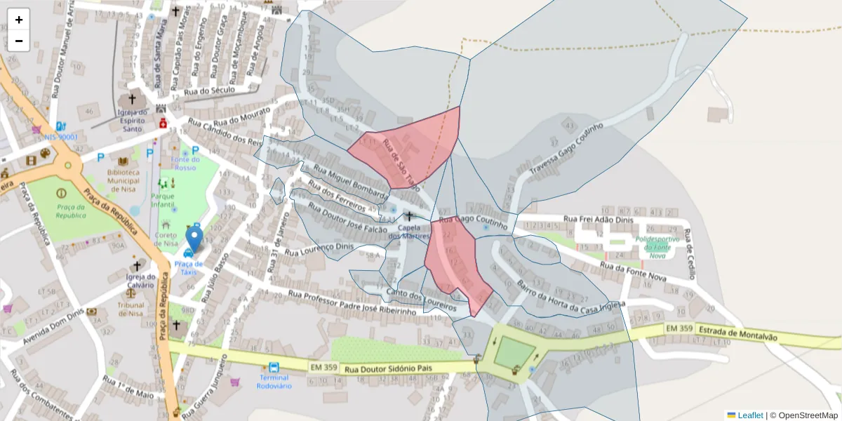 Mapa detalhado do código postal 6050-310 com limites, códigos postais vizinhos e agências dos correios
