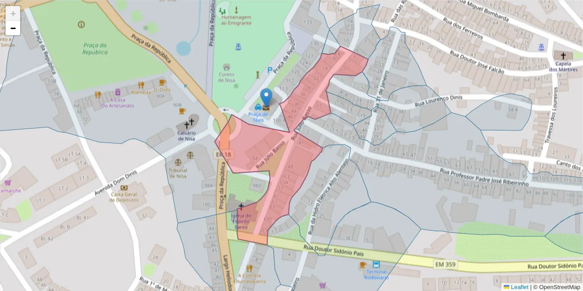 Mapa detalhado do código postal 6050-315 com limites, códigos postais vizinhos e agências dos correios