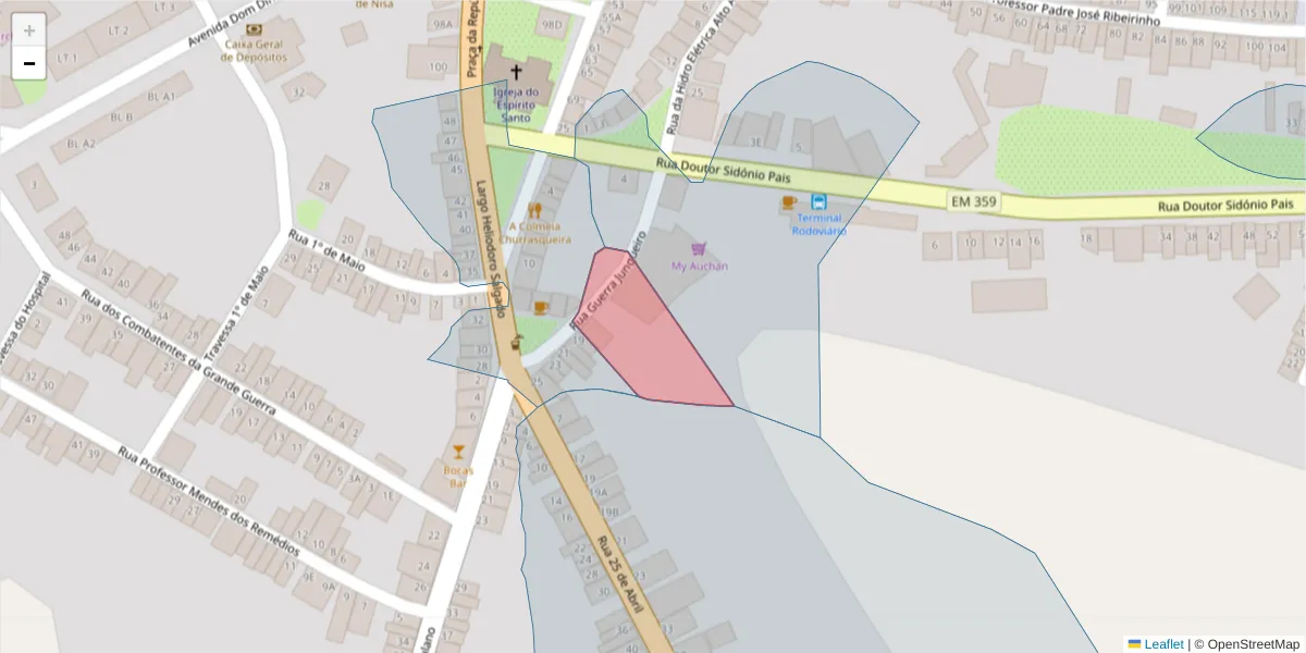 Mapa detalhado do código postal 6050-334 com limites, códigos postais vizinhos e agências dos correios
