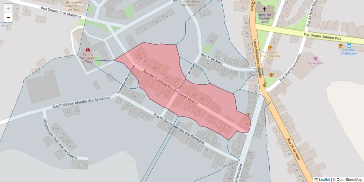 Mapa detalhado do código postal 6050-338 com limites, códigos postais vizinhos e agências dos correios