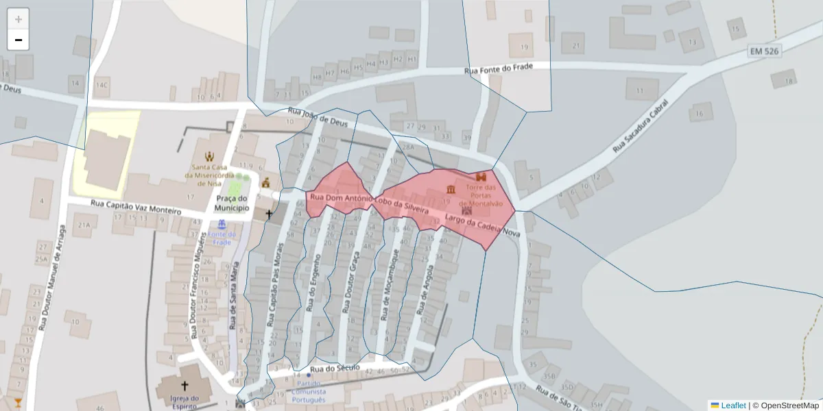 Mapa detalhado do código postal 6050-361 com limites, códigos postais vizinhos e agências dos correios