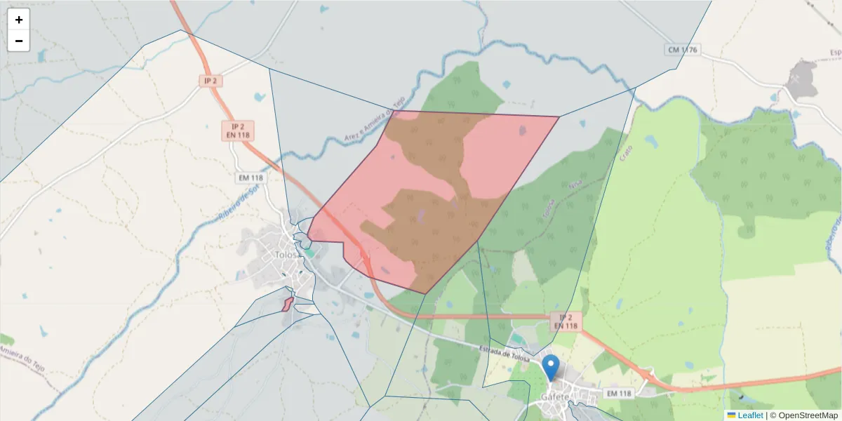 Mapa detalhado do código postal 6050-525 com limites, códigos postais vizinhos e agências dos correios