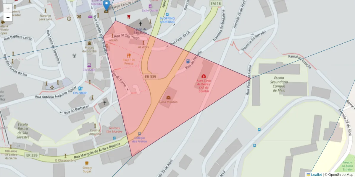 Mapa detalhado do código postal 6200-031 com limites, códigos postais vizinhos e agências dos correios
