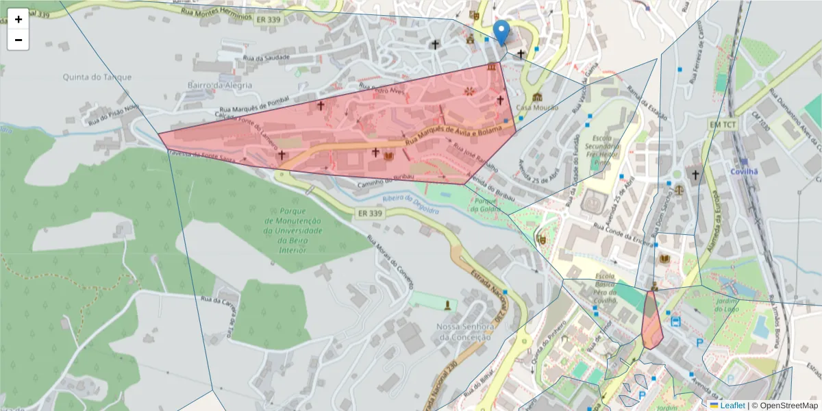 Mapa detalhado do código postal 6200-050 com limites, códigos postais vizinhos e agências dos correios