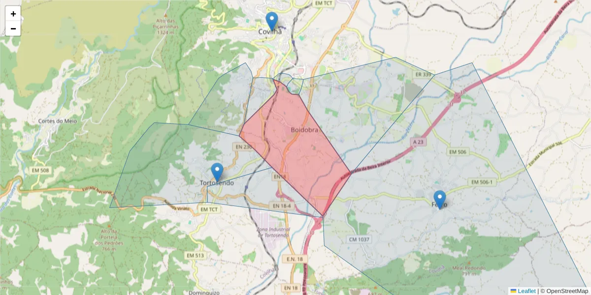 Mapa detalhado do código postal 6200-285 com limites, códigos postais vizinhos e agências dos correios