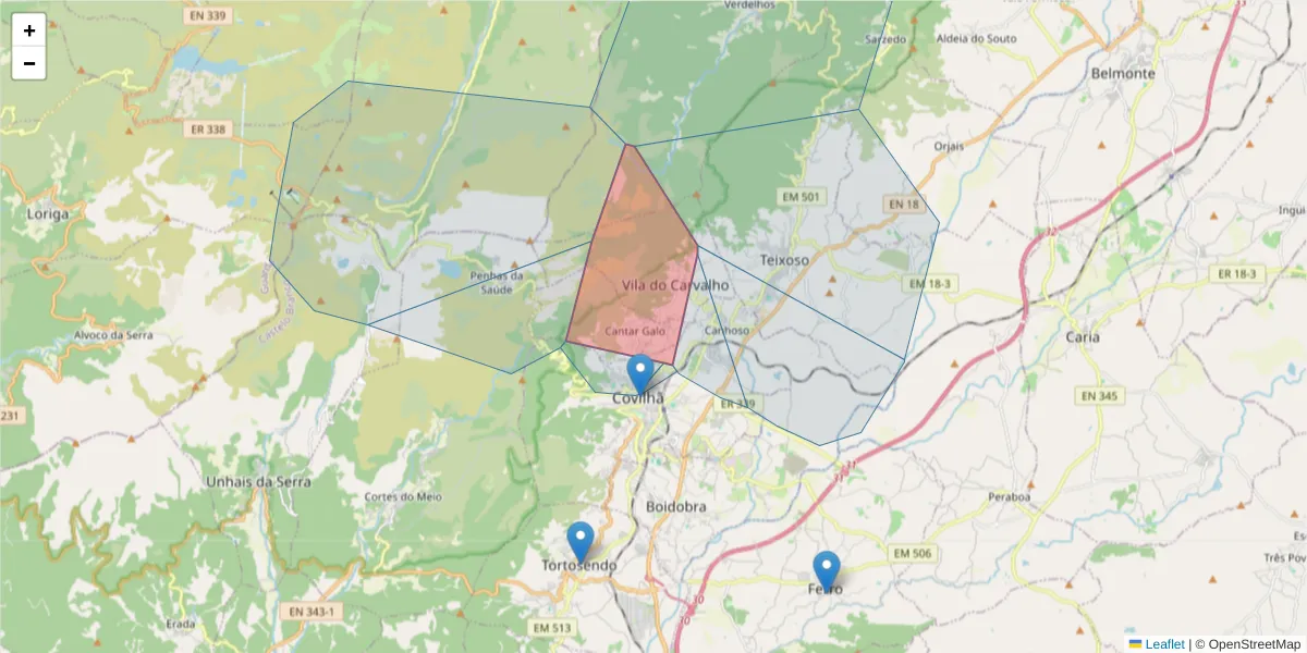 Mapa detalhado do código postal 6200-405 com limites, códigos postais vizinhos e agências dos correios